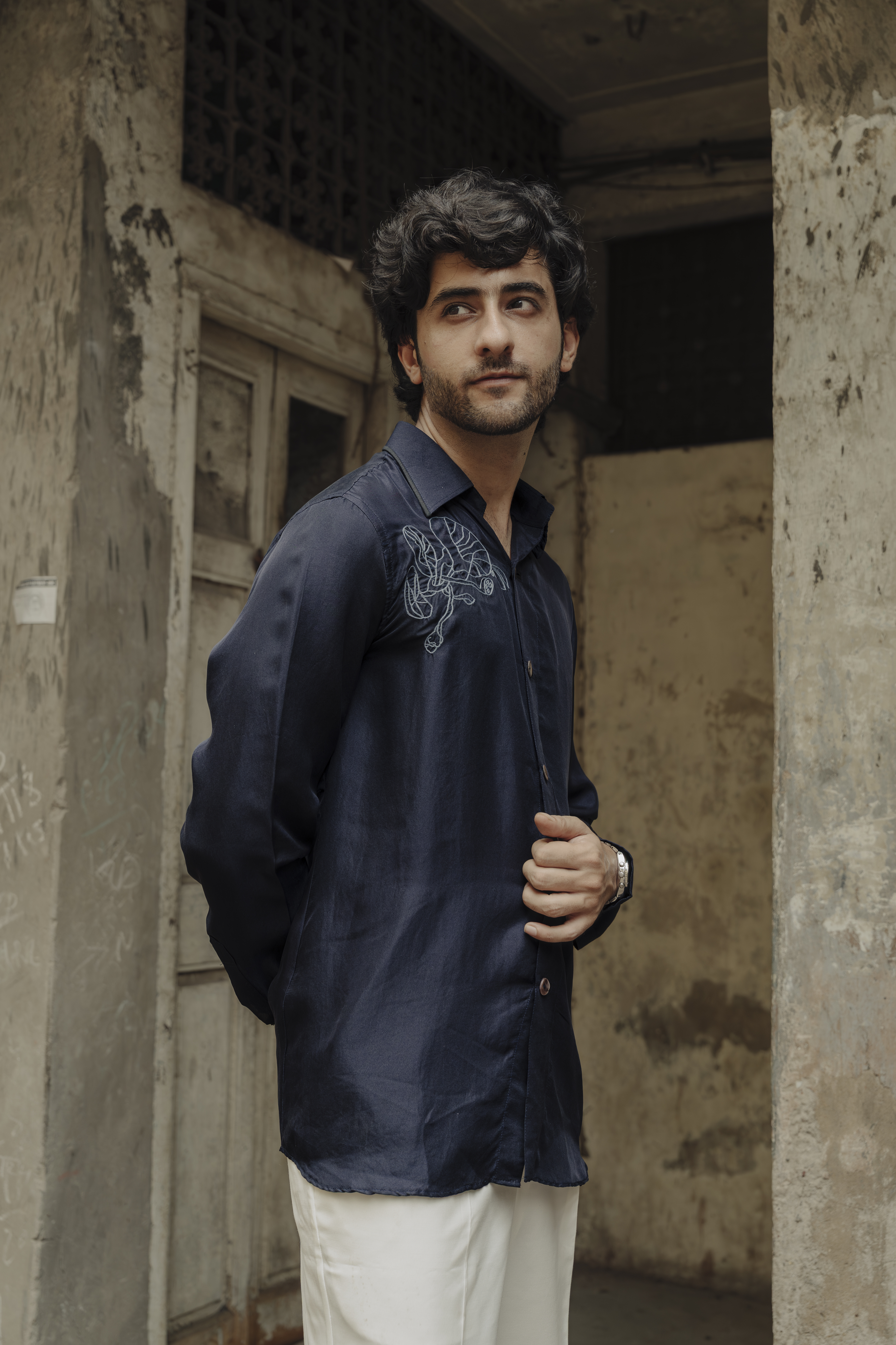 Blue Embroidered Silk shirt